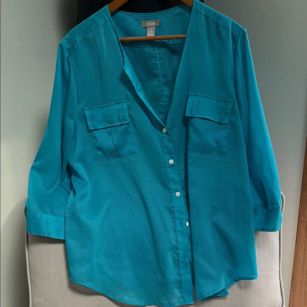 Chico's Teal Sheer Button-Down Shirt. Chico’s Size 3 - Picture 2 of 5